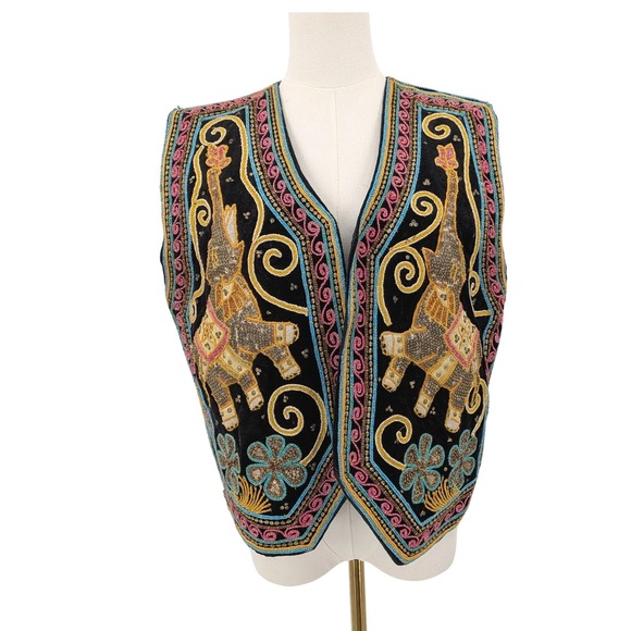 Vintage‎ Hand Embroidered Elephant Vest 3D Stuffed Appliqué Boho Ethnic Festival